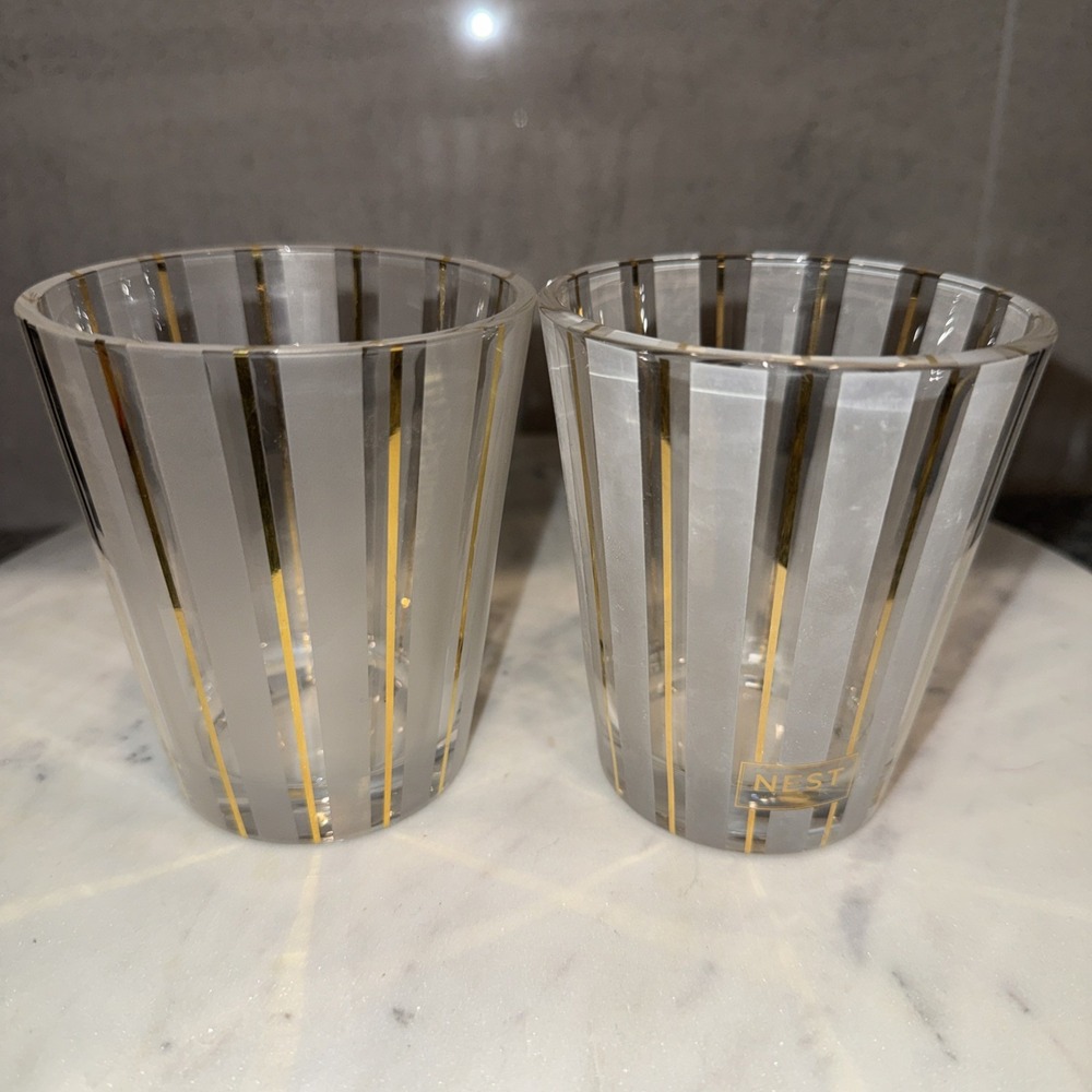 Set Of 2 Nest Frosted Glass Gold Striped Glasses